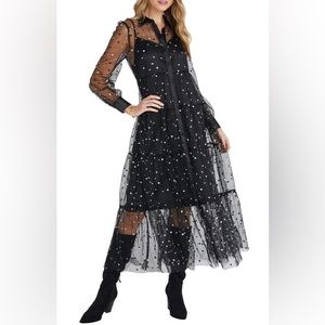 ENGLISH FACTORY, NWT, EMBROIDERED MESH TIERED LONG SLEEVE MIDI DRESS IN BLACK